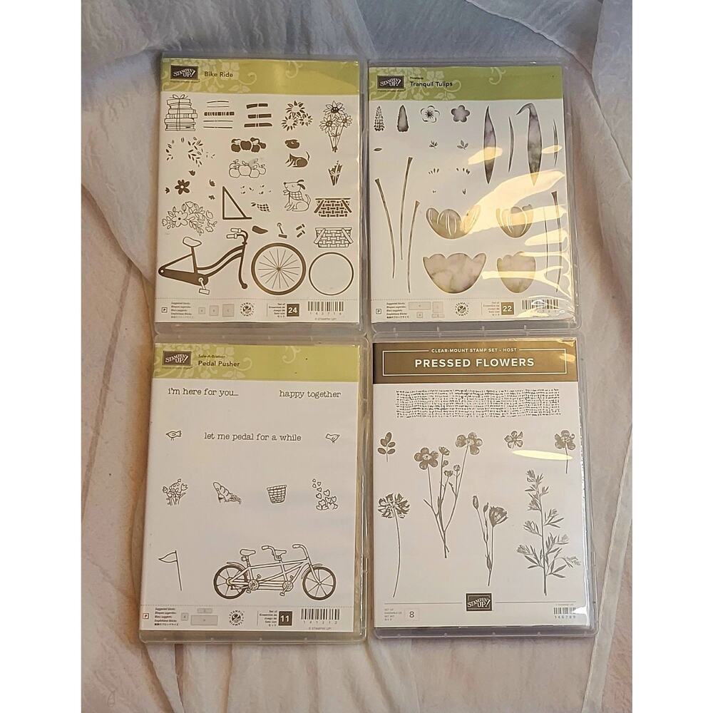 Stampin Up 4 Stamp Sets Pedal Pusher Pressed Flowers Tranquil Tulips Bike Ride